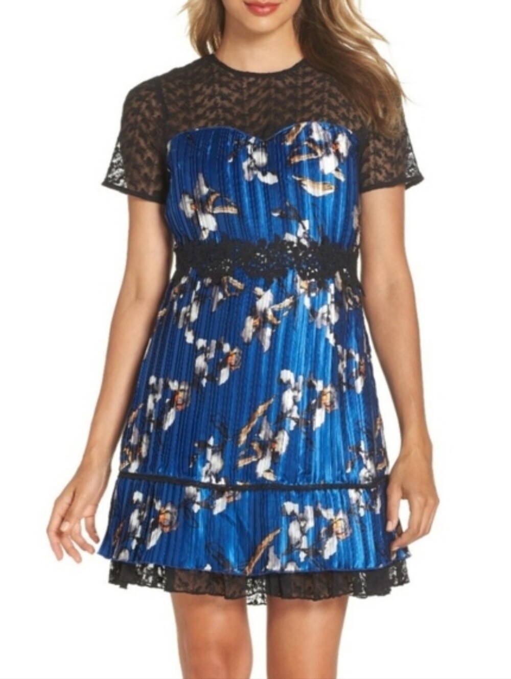 Anthropologie Foxiedox black and blue floral pleated dress